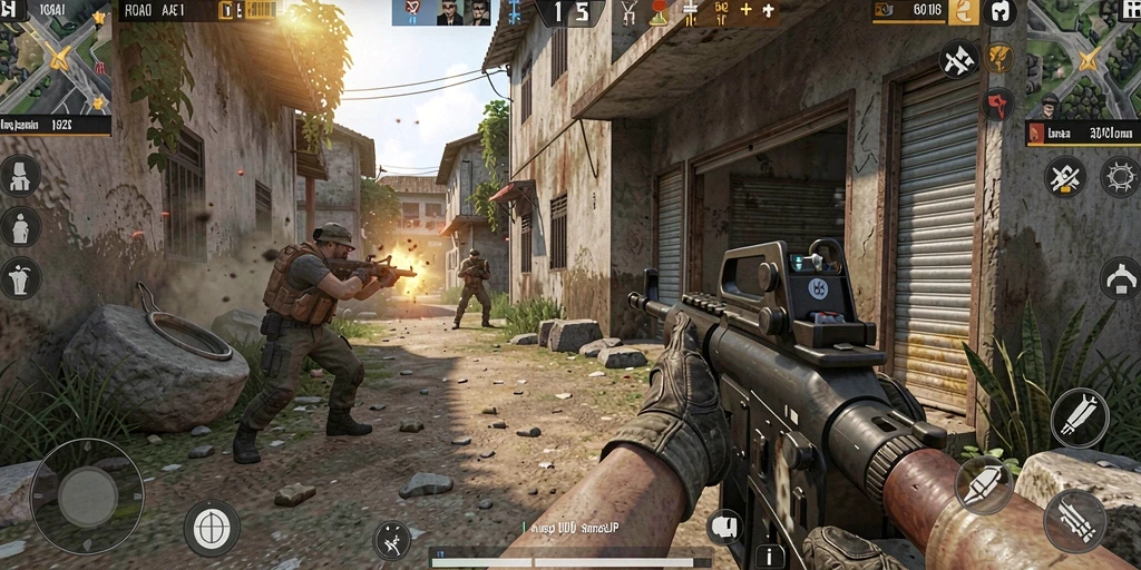 Screenshot gameplay HARAPJP dengan aksi tembak-menembak yang intens.