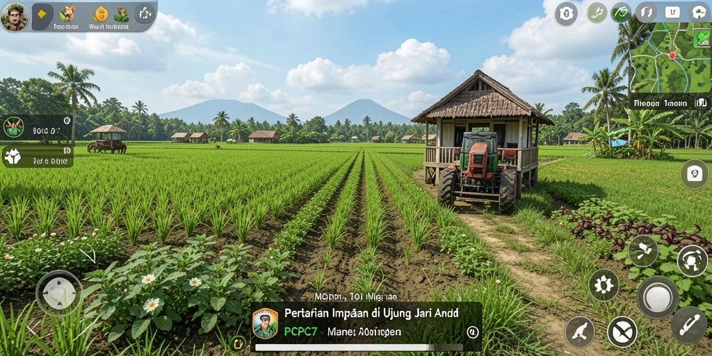 Tangkapan layar PCPC7 menampilkan lahan pertanian yang subur dan tanaman berwarna-warni.