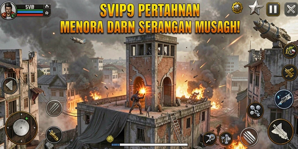 Screenshot gameplay SVIP9 menampilkan pertahanan menara yang intens.